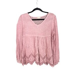 Altar’d State Pink Lace Eyelet Babydoll Top Women Size M Cottagecore Feminine